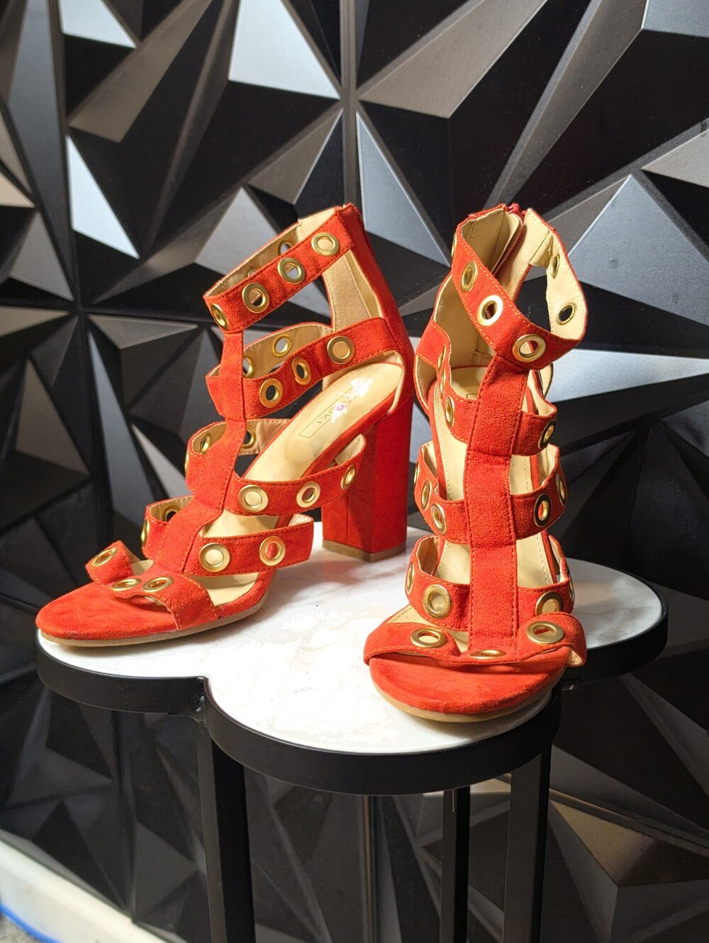 Yoki Red Suede Grommet Block Heel Sandals